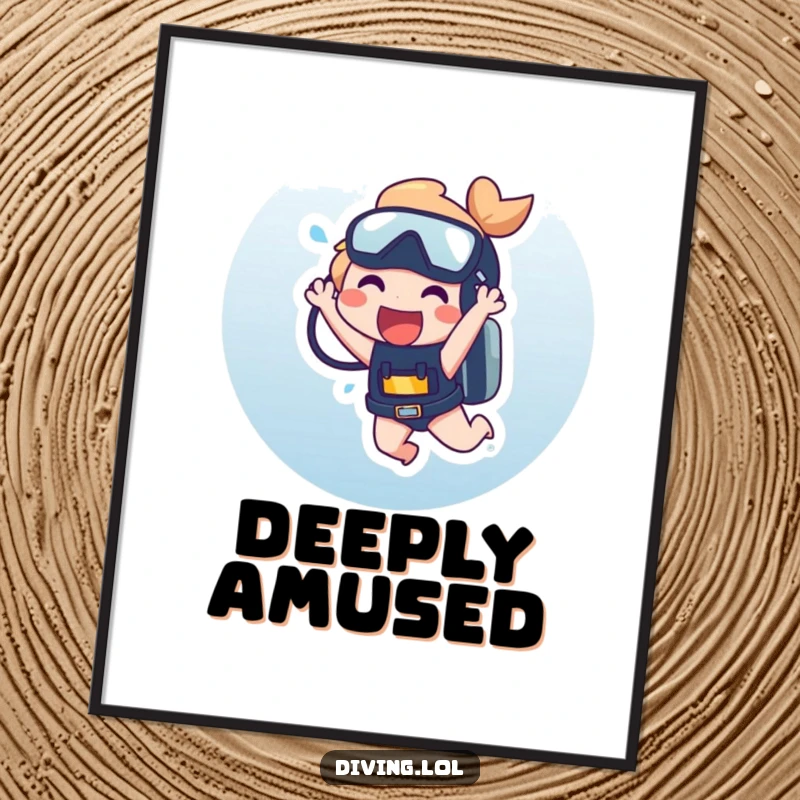 Funny Poster showcasing a character erupting in laughter while dangling from a scuba tank, a comical underwater scene.