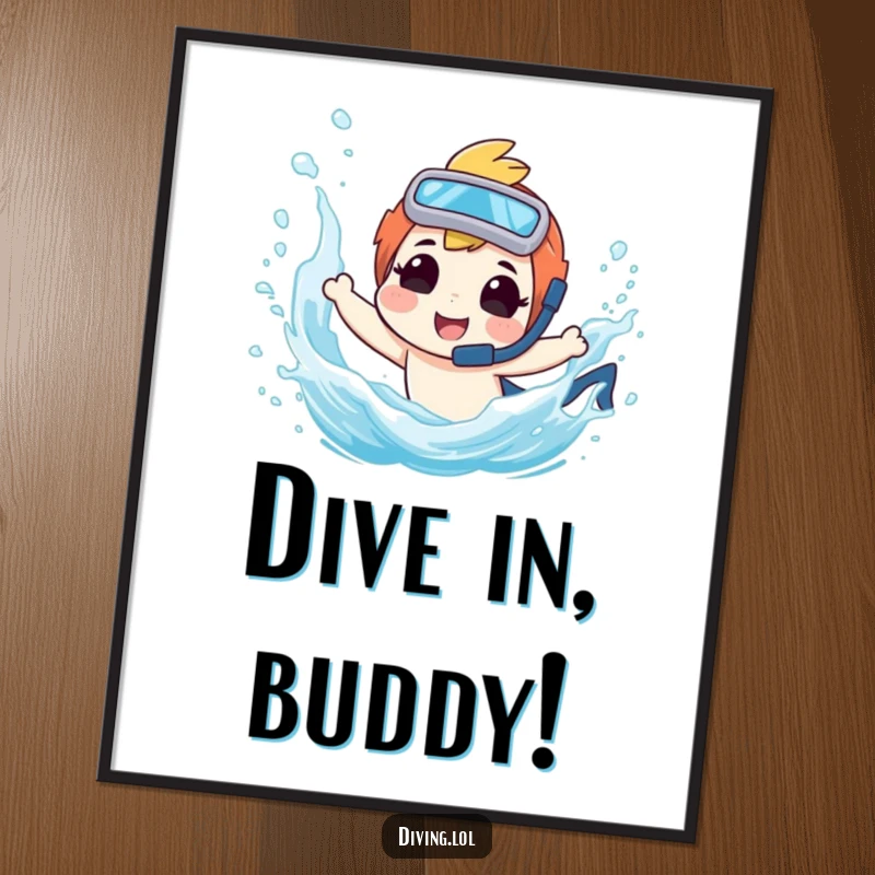Funny poster depicting a diver character gleefully splashing, bringing a sense of playful water fun to the wall.
