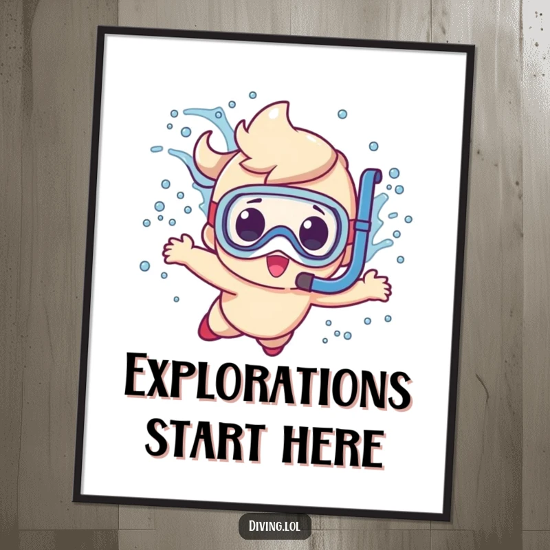 Funny cute character poster, in mid-splash, diving underwater with a snorkel, adding humorous ocean decor.