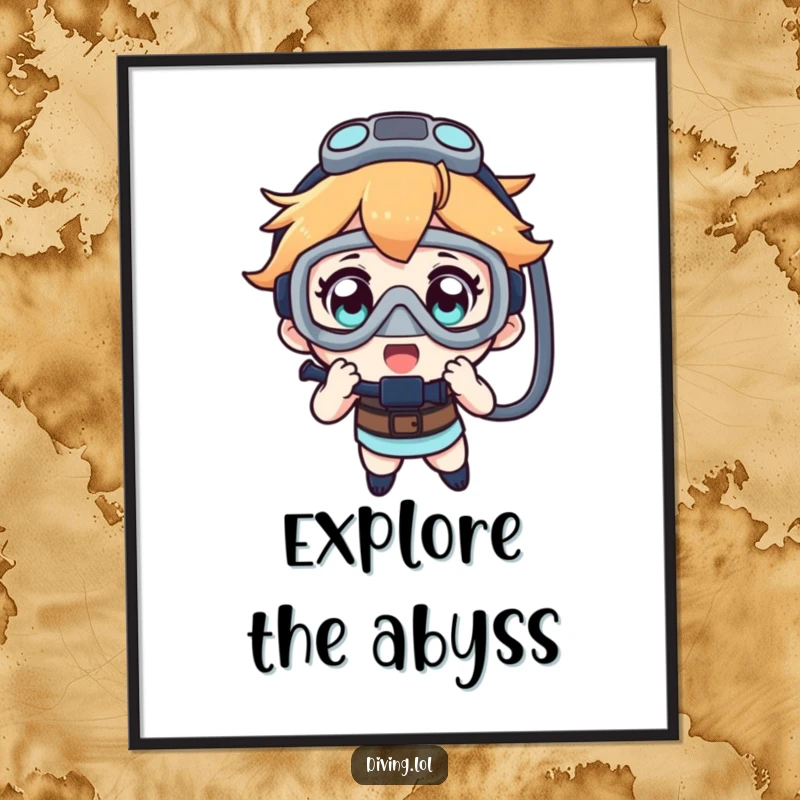 Funny poster showcasing a character’s wide-eyed fascination with a dive mask, capturing the spirit of underwater discovery.