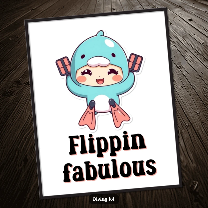 Funny poster of a character comically swimming with flippers, wearing a goofy expression, ideal for poolside decor.