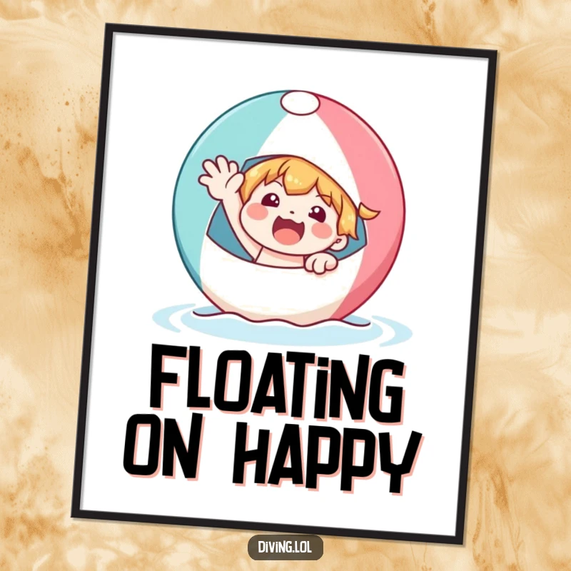 Funny character on a bobbing beach ball, waving enthusiastically, portraying a scene of pure vacation joy and playful summer spirit.