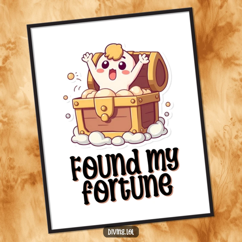 Funny poster featuring a surprised character bursting from a bubbling treasure chest, creating an exciting and humorous focal point for walls.