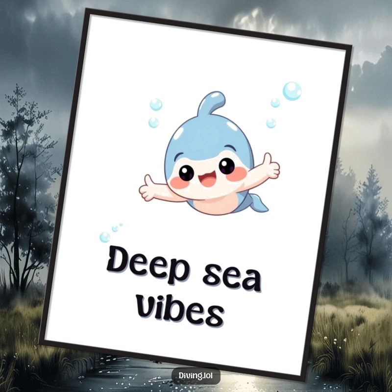 Funny poster of a happy character swimming and giving a thumbs up underwater, designed to bring joy and laughter.