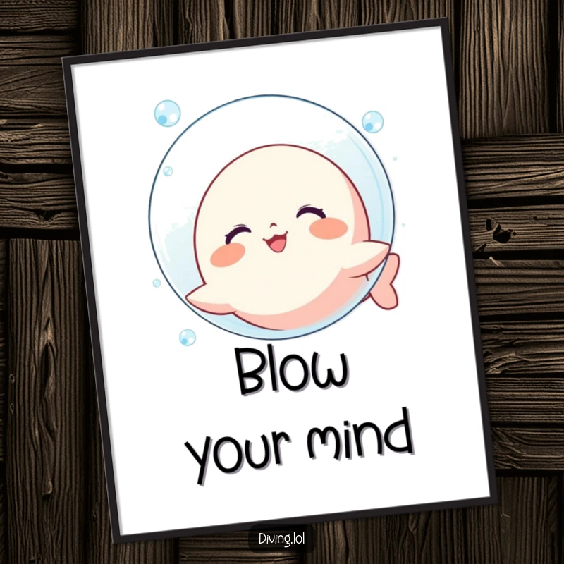 Funny Bubble Blowing Kawaii Poster: Cute character happily blowing a giant bubble underwater, joyful wall art.