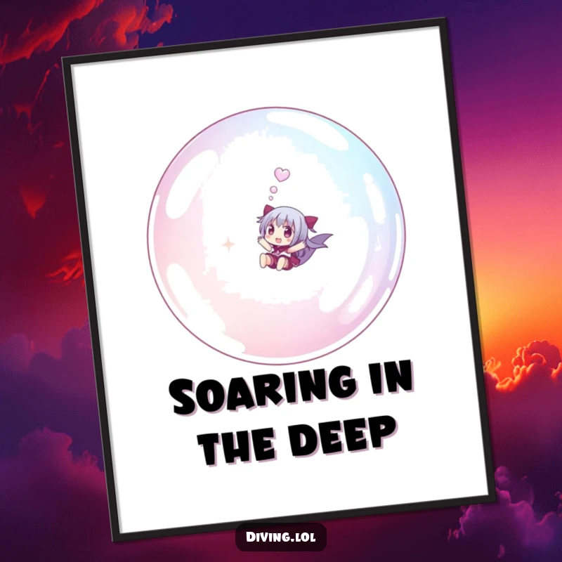 Funny small character poster, joyfully riding a giant bubble underwater, a whimsical and humorous art piece.