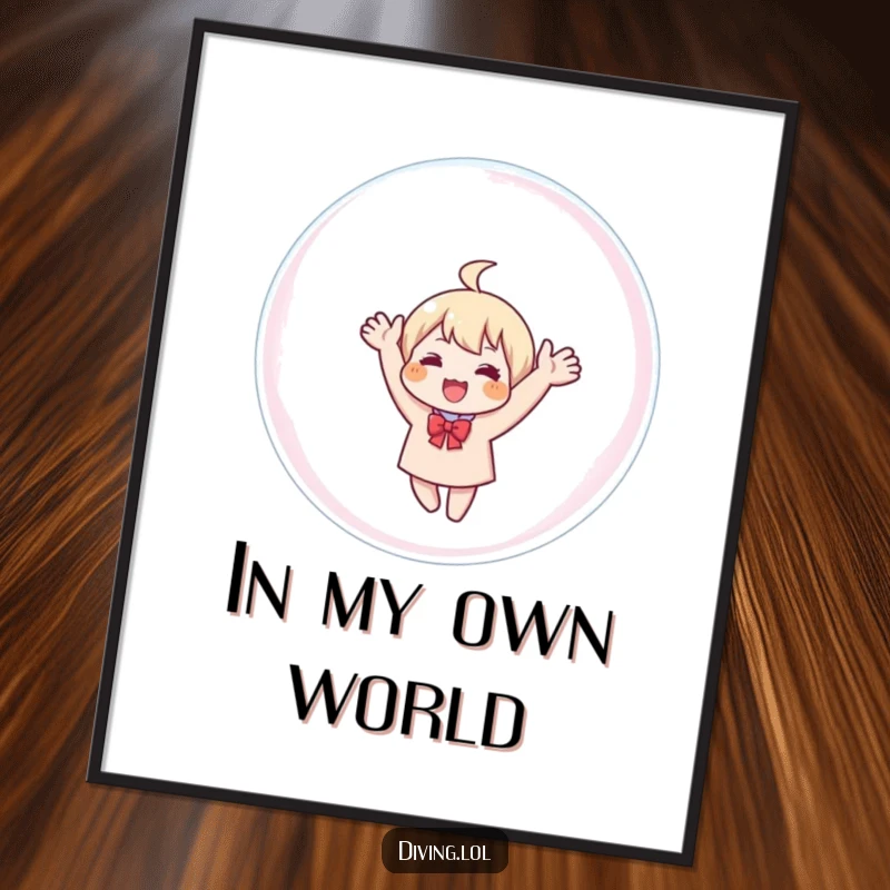 Funny poster depicting a character joyfully waving from inside a large, transparent bubble, a whimsical piece of art.