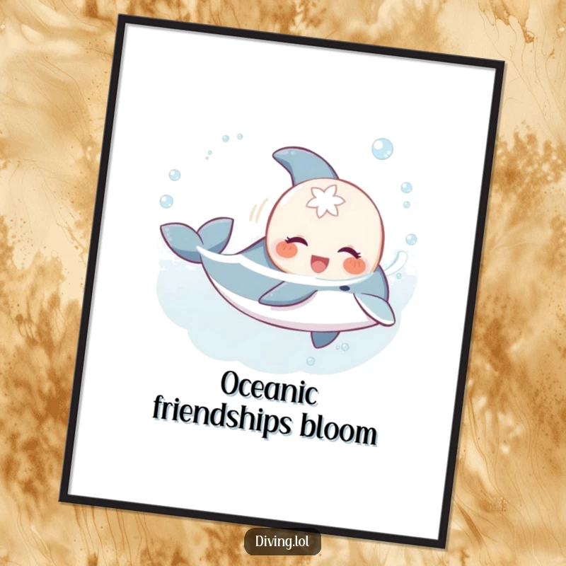 Funny sweet creature poster, gleefully swimming with a playful dolphin, a humorous and heartwarming art piece.