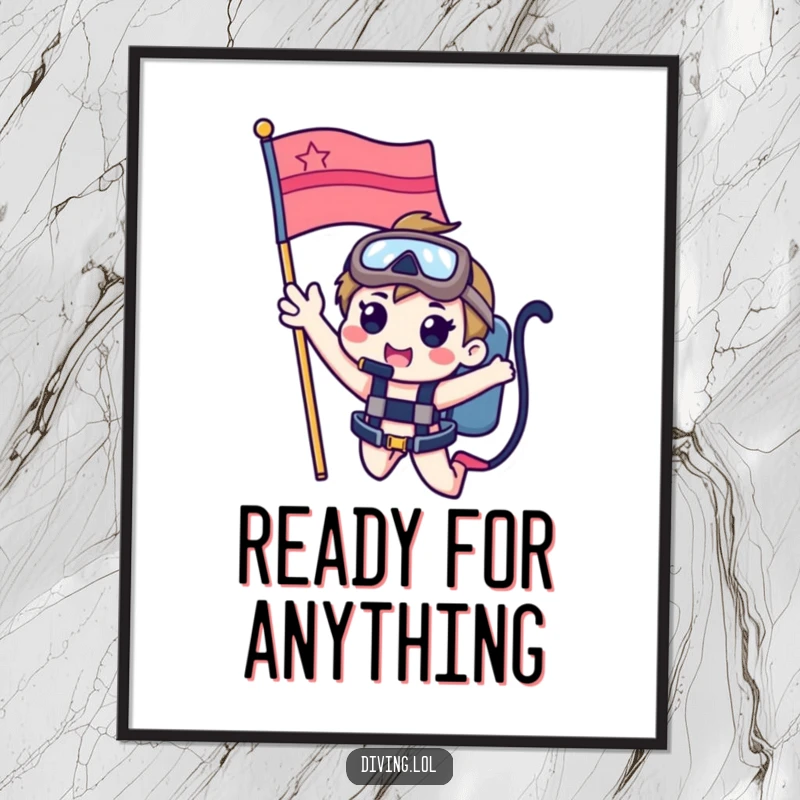 Funny poster featuring a cute character happily waving from a dive flag, bringing cheerful underwater vibes and artistic fun to walls.