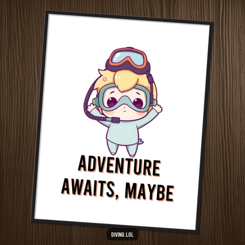 Funny poster print of a character joyfully balancing a dive mask on their head with clumsy delight, evoking a sense of adventure.