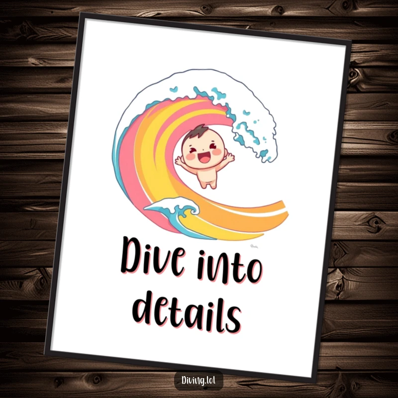 Funny poster art of a cheerful character diving headfirst into a large, stylized, colorful wave. Energetic and humorous decor.