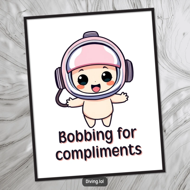 Funny diving helmet poster depicting a character in an oversized helmet, bobbing happily, capturing a serene and amusing moment of underwater exploration.