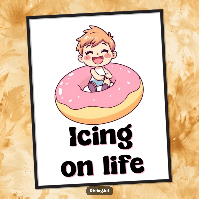Funny poster art of a joyful character with a wide, gleeful smile, riding a massive inflatable donut, capturing a moment of pure, sugary bliss.