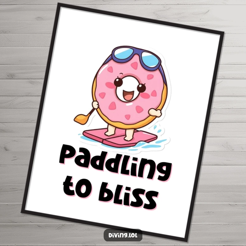 Funny poster displaying an energetic doughnut character in flippers, paddling joyfully, adding a humorous touch to wall decor.