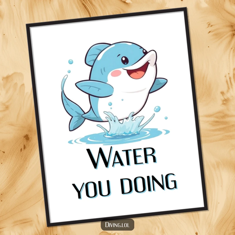 Funny fins poster depicting a character gleefully kicking their fins, creating a lively spray of water in a burst of artistic energy.