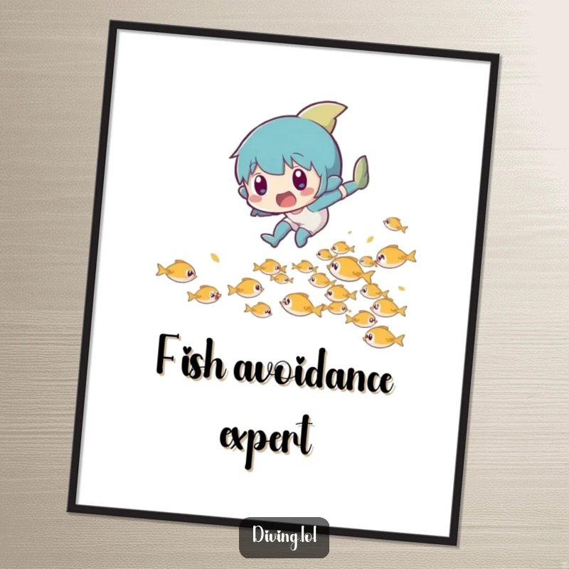 Funny poster of a character making a surprised leaping motion to playfully dodge a school of tiny fish.