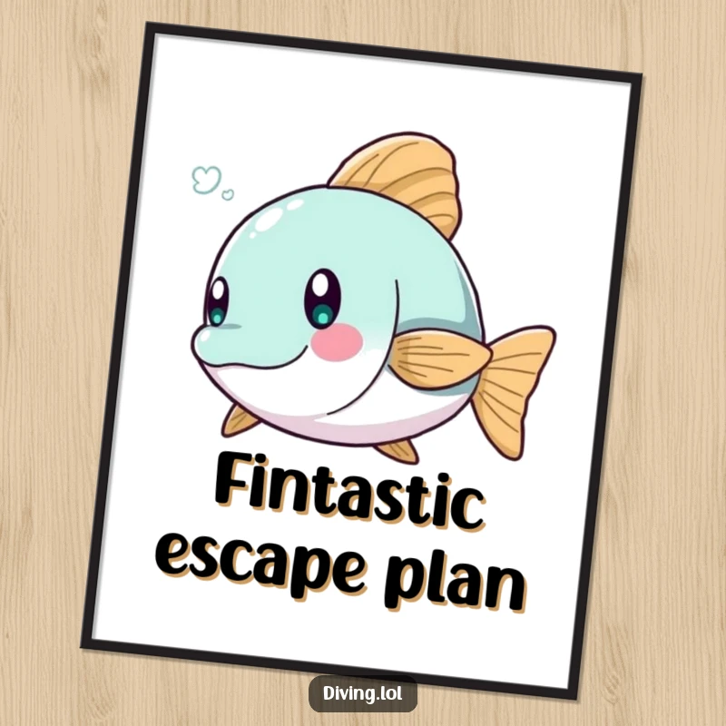 Funny poster capturing a character's comical evasion of a small, playful fish in an underwater setting.