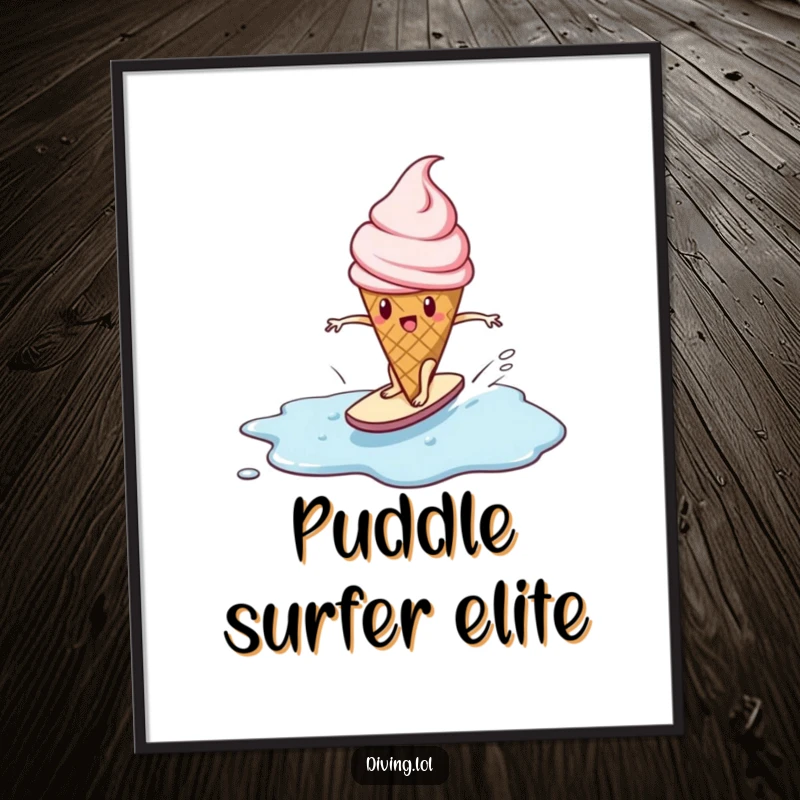 Funny poster of a determined ice cream cone character surfing a melting puddle, adding optimistic humor to decor.