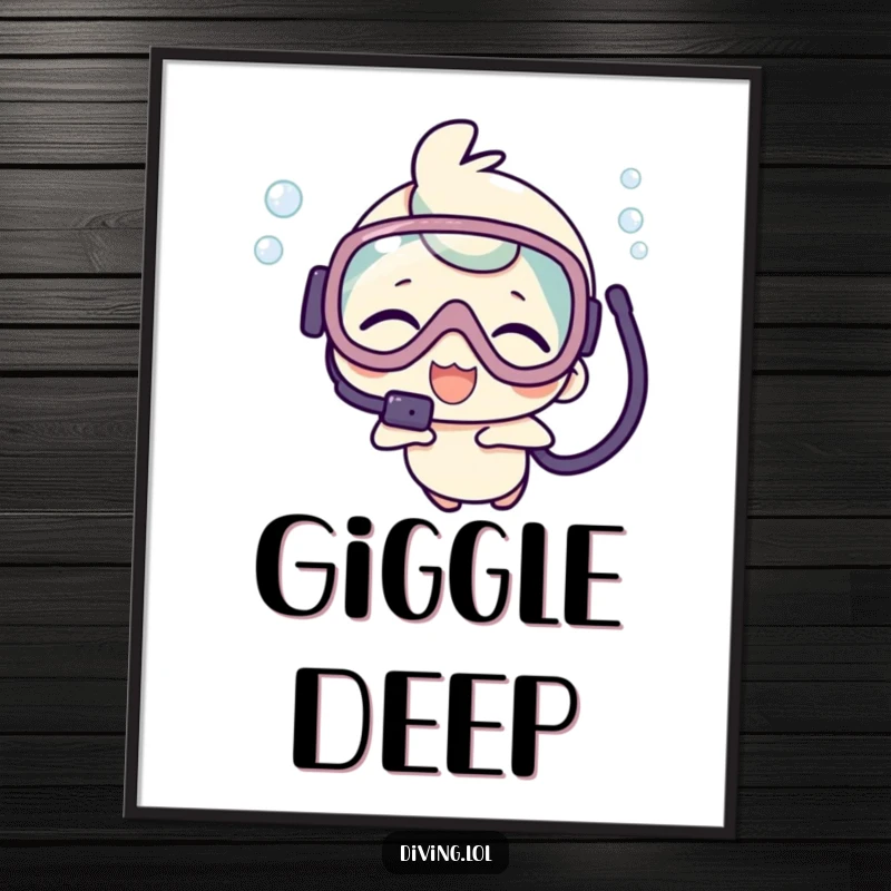Funny poster of a kawaii character wearing scuba gear and giggling joyfully while exploring the underwater world.