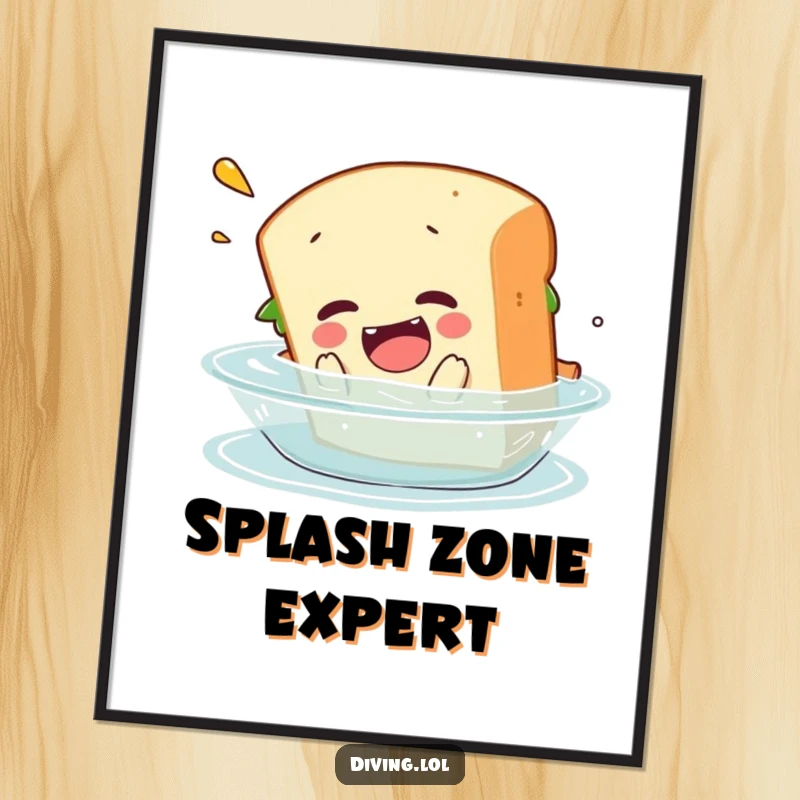Funny poster capturing a sandwich character's dramatic and comical belly flop into water, adding humor to any wall.