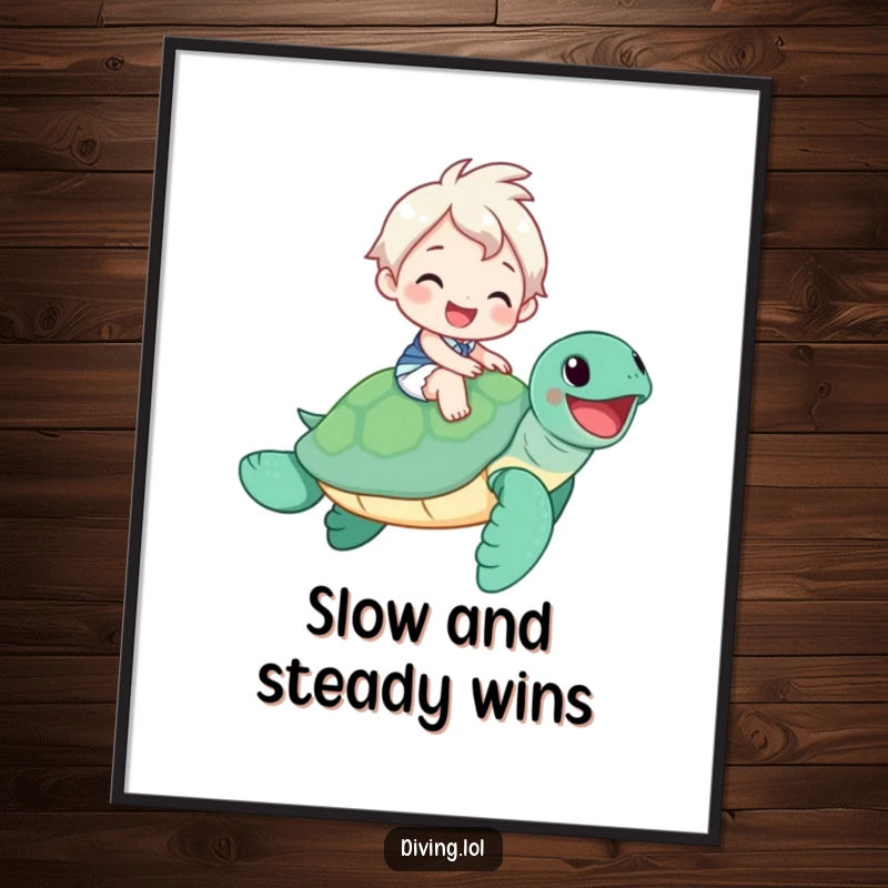 Funny Poster: Animated character shares a wide smile while riding a majestic, friendly sea turtle, bringing joy.