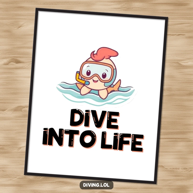 Funny poster of a small, happy character with a snorkel gracefully gliding through wavy water, capturing the peaceful beauty of the sea.