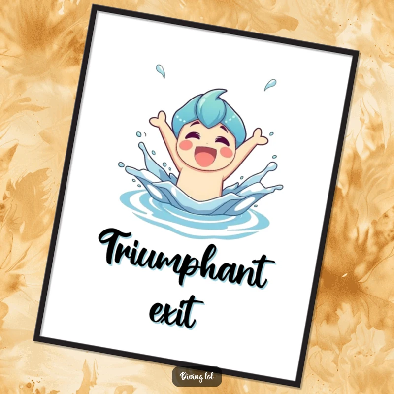 Funny Poster capturing a joyful character bursting heroically from water with a dramatic, triumphant splash in a dynamic scene.