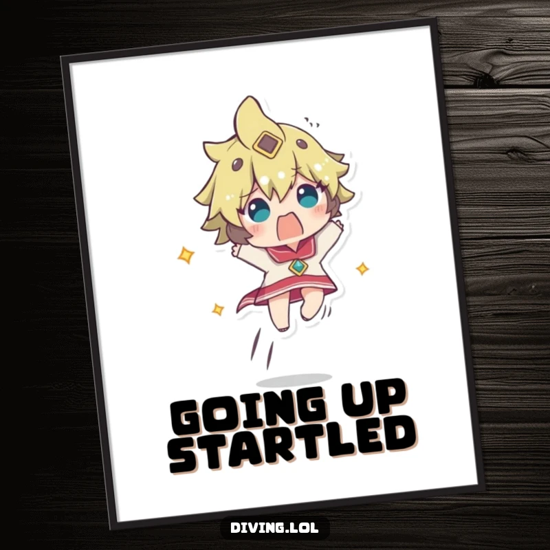 Funny poster showing a character ascending rapidly, looking comically startled, a hilarious piece of wall art.