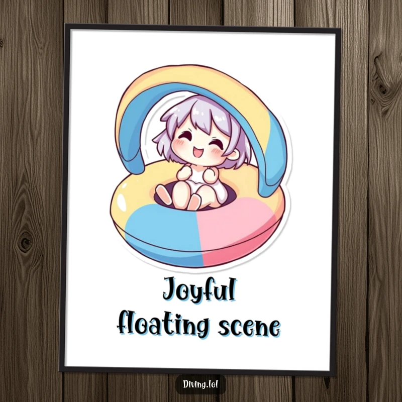 Funny poster of a cute character joyfully floating on a colorful inflatable, embodying ultimate relaxation and summer happiness.