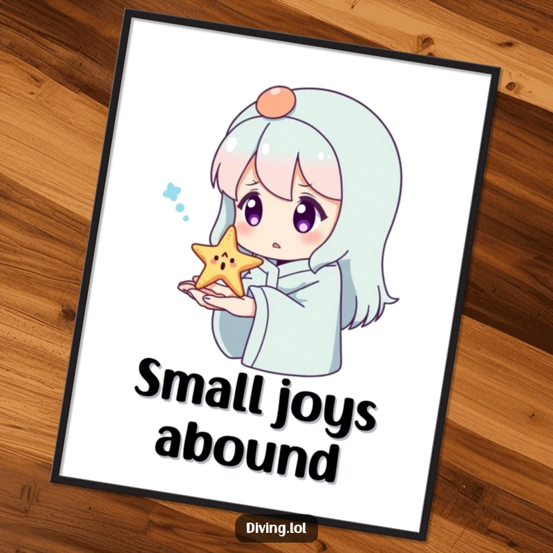 Funny Surprised Starfish Poster: A character looking surprised at a tiny, happy starfish resting on their hand.