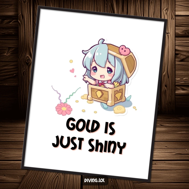 Funny Treasure Hunter Poster: A character playfully gesturing towards an imagined treasure chest on the seabed background.