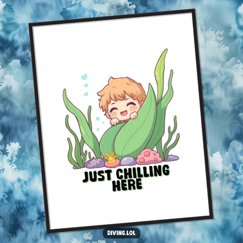 Funny character peeking from behind an underwater plant, portraying a scene of playful discovery and charming underwater life.