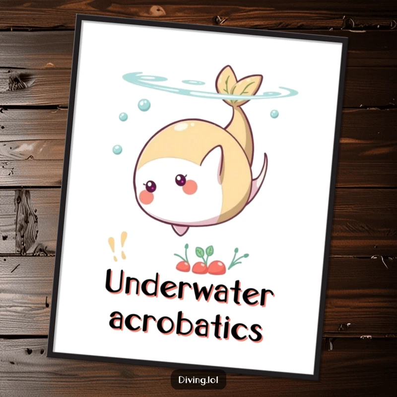Funny poster of a playful food character executing a somersault underwater, adding a whimsical and humorous touch to decor.