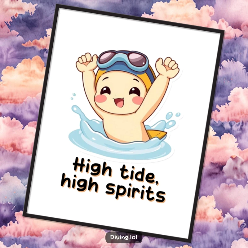 Funny Poster: Joyful character joyfully splashing water with flippers held high, creating a lively and humorous beach-themed wall decoration.