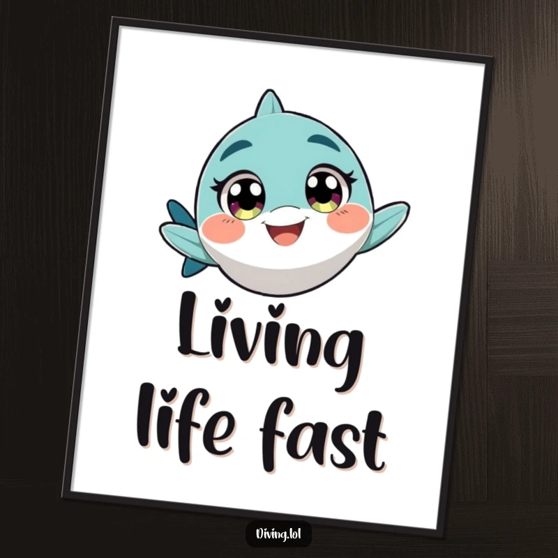 Funny poster of a character with wide, excited eyes, swimming rapidly with a playful grin, capturing aquatic energy.