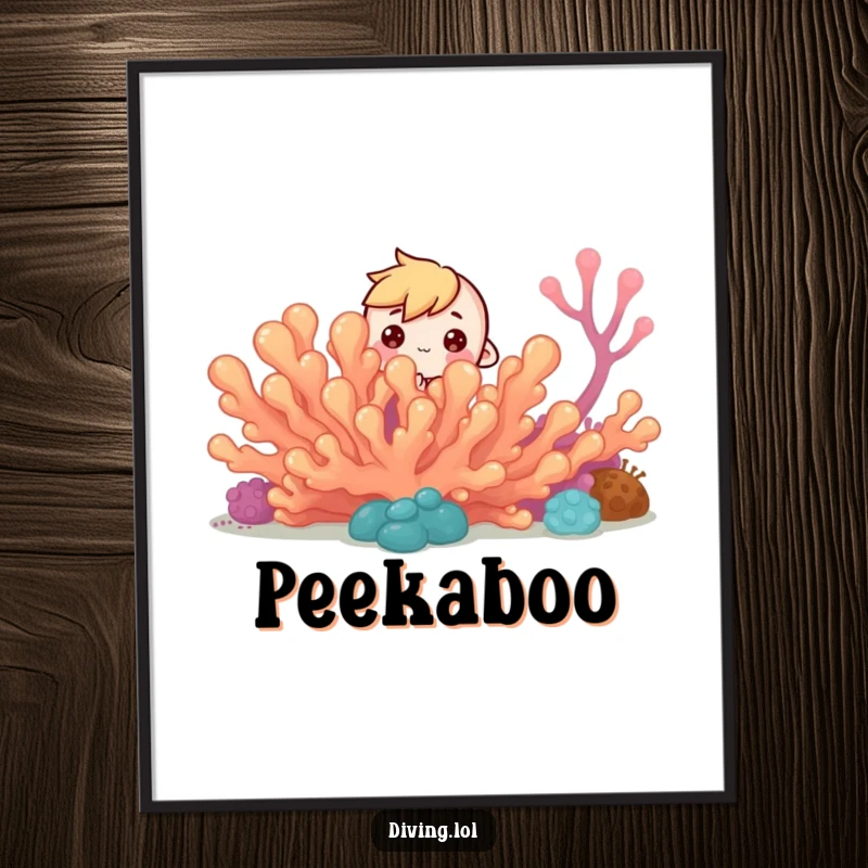 Funny Curious Reef Poster: Tiny character peeks from behind coral reef, curious eyes, joyful wall art.