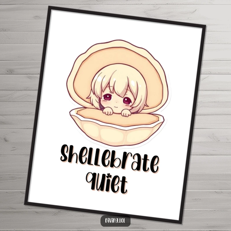 Funny poster with a curious character exploring a seashell, evoking a sense of wonder and seaside exploration.