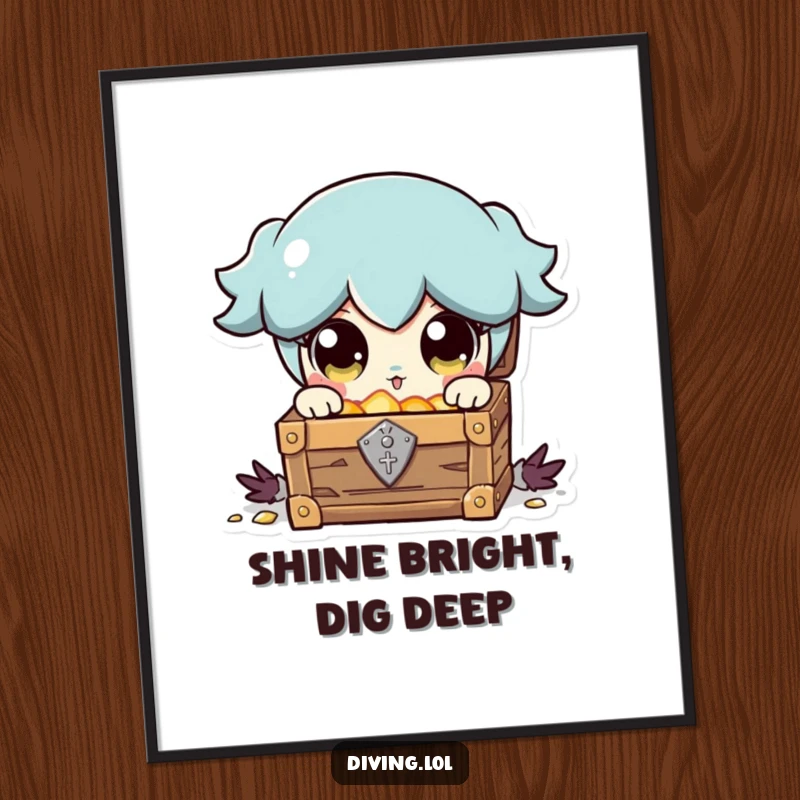 Funny poster capturing a character's wide, shining eyes as they discover a treasure chest, symbolizing ultimate joy and surprise.