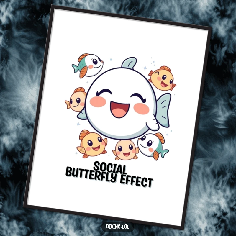 Funny bubbly icon poster, depicted laughing amongst curious fish, a humorous and charming art piece for any room.