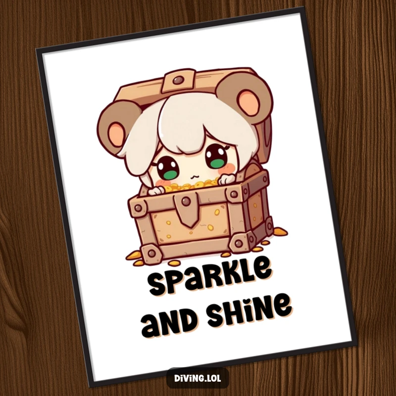 Funny poster depicting a character finding a treasure chest, eyes sparkling with surprise, celebrating the magic of discovery.