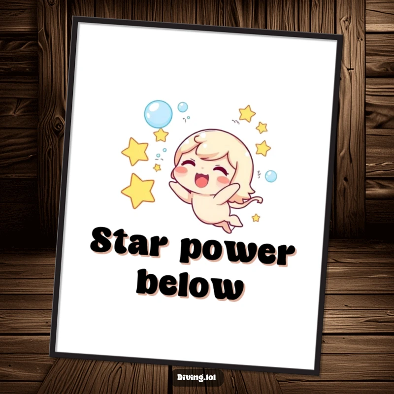 Funny poster of a cute character joyfully blowing star-shaped bubbles underwater, creating a magical visual.