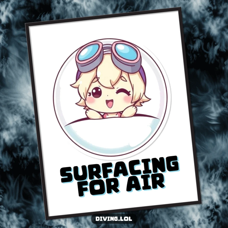 Funny poster of a cute character emerging from a bubble, wearing askew goggles and a big smile, celebrating the joy of popping up.