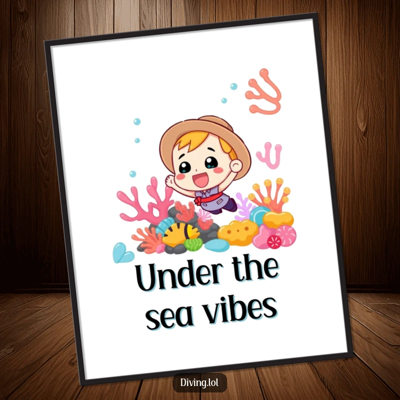 Funny Poster featuring an enthusiastic subject joyfully exploring a vivid, colorful coral reef, capturing the thrill of discovery.