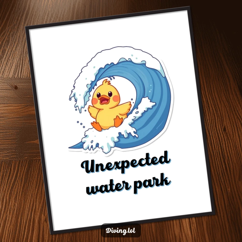 Funny duck wave poster with a surprised rubber duck character crashing into a giant wave, a joyful and amusing wall decoration.