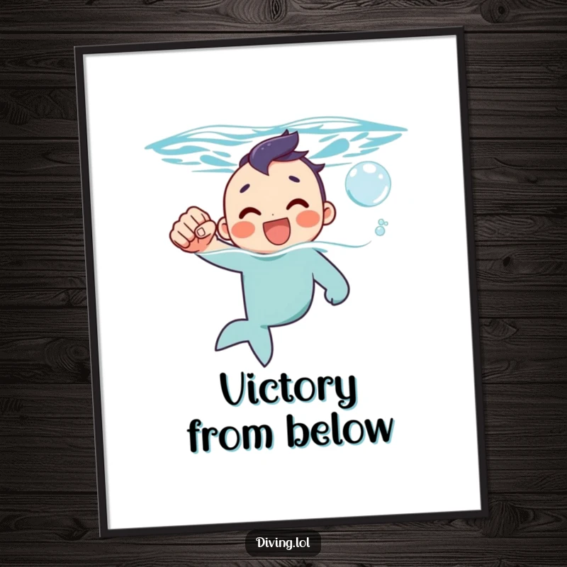 Funny poster of a character emerging triumphantly from water, pumping a fist with a cheerful bubble floating up.