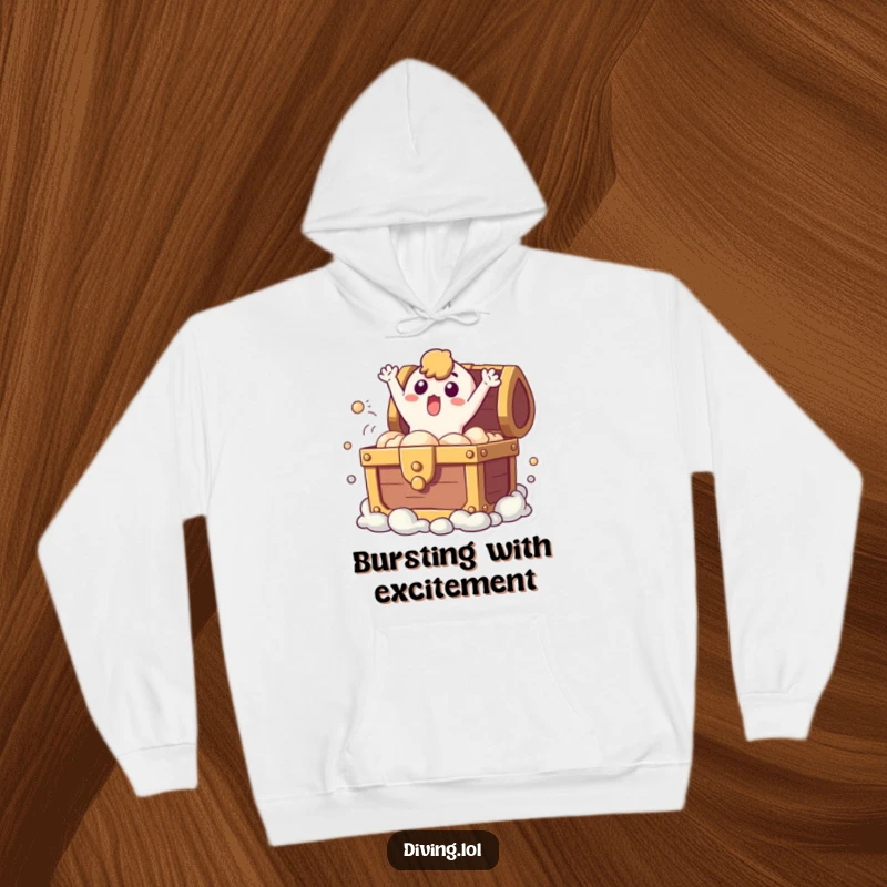 Funny hoodie with a surprised character bursting from a treasure chest, offering cozy comfort and a reminder of unexpected delights.