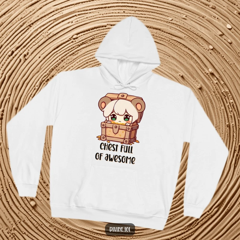 Funny hoodie featuring a character discovering a treasure chest, eyes sparkling with surprise and excitement, perfect for cozy exploration.