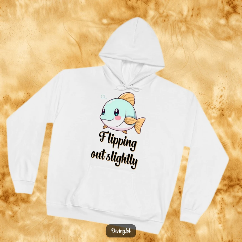 Funny hoodie illustrating a character skillfully dodging a tiny, playful fish, capturing a moment of lighthearted panic.
