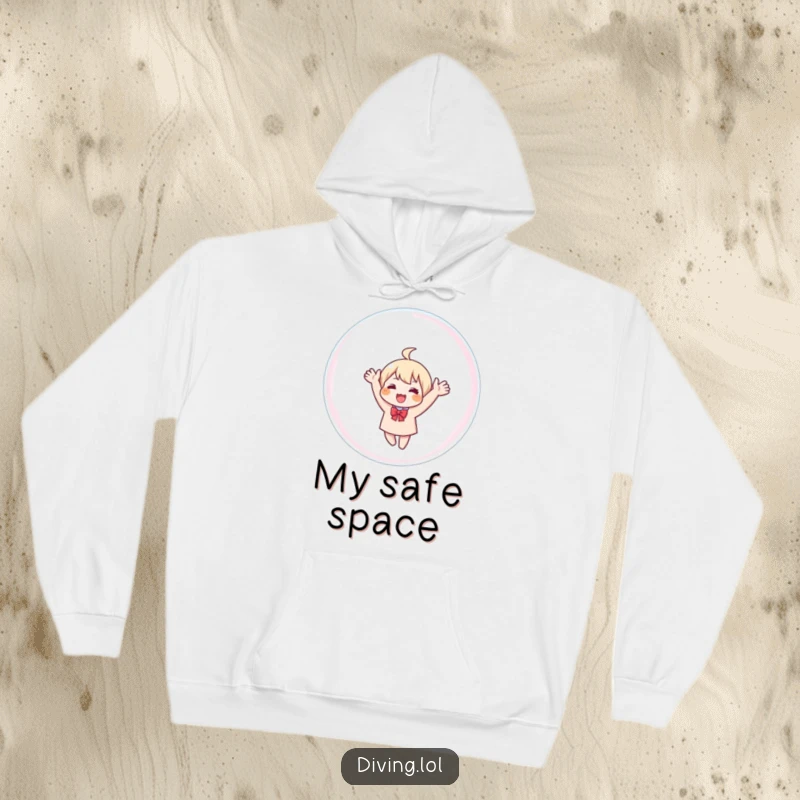 Funny hoodie with a character inside a giant bubble waving happily, conveying warmth and playful isolation.