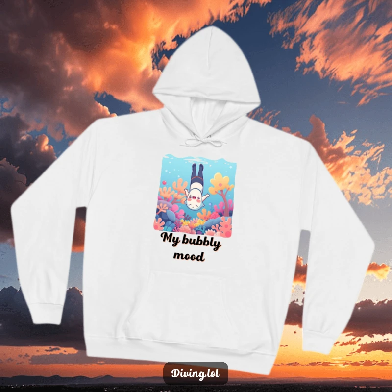 Funny underwater hoodie, showing a character giggling upside down amongst colorful coral, great for warmth.